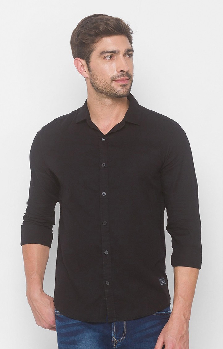 Spykar | Spykar Black Cotton Slim Fit Shirts For Men