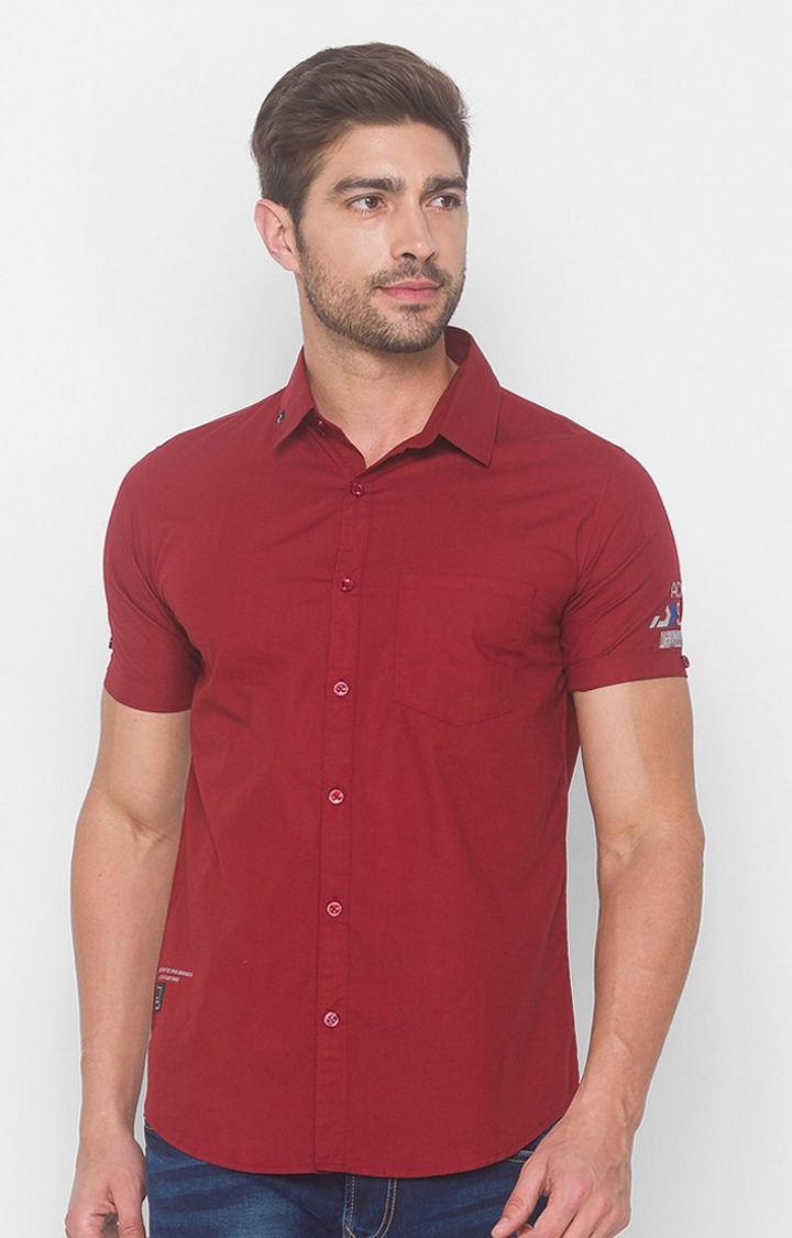 Spykar Deep Red Cotton Casual Shirts (Slim)