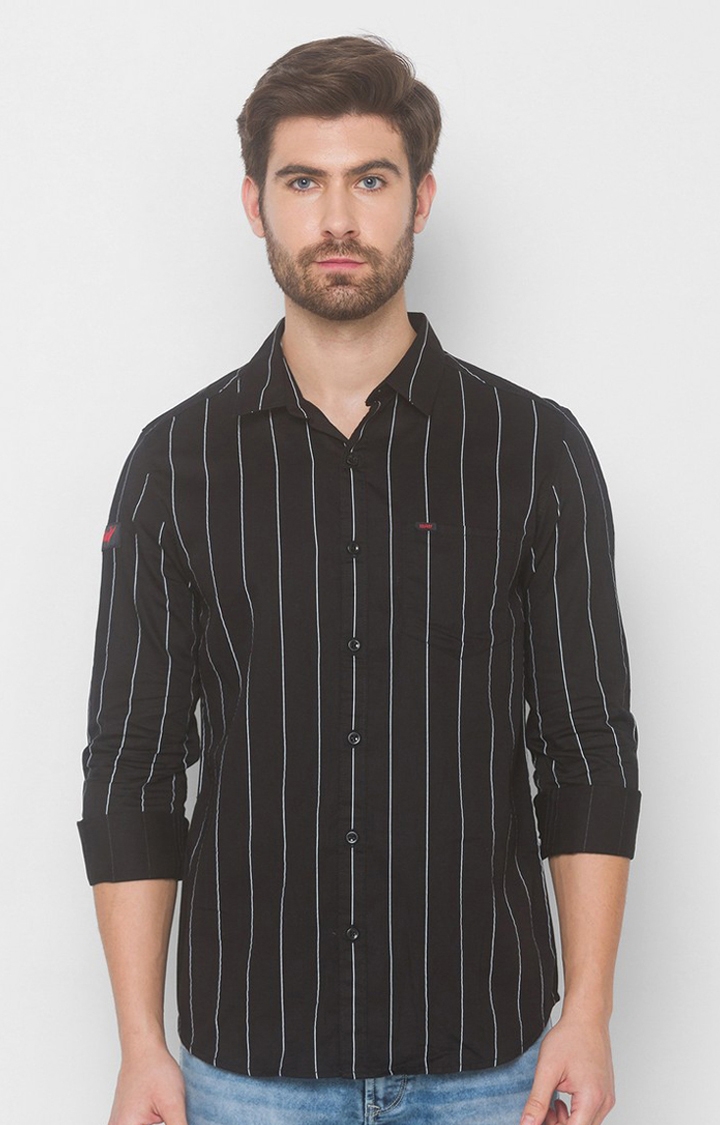 Men's Black Cotton Striped Casual Shirts