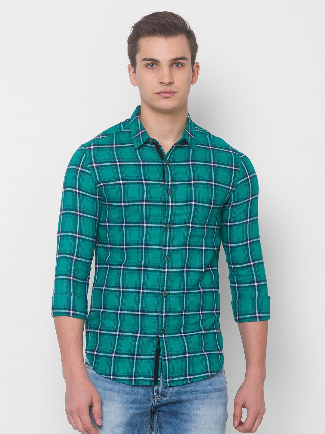 Spykar | Spykar Green Cotton Shirts (Slim)