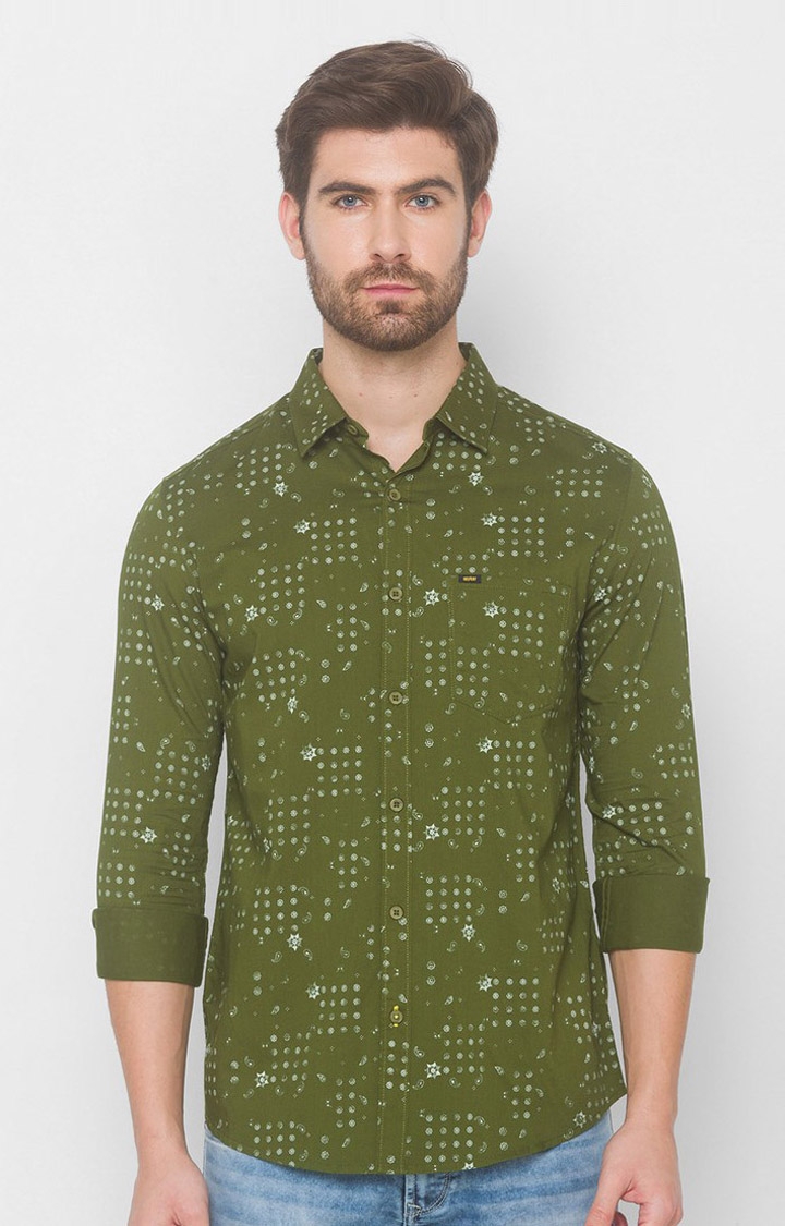 Spykar | Spykar Green Cotton Slim Fit Shirts For Men