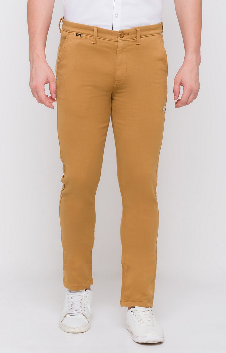 Spykar | Spykar Yellow Cotton Slim Fit Trousers For Men