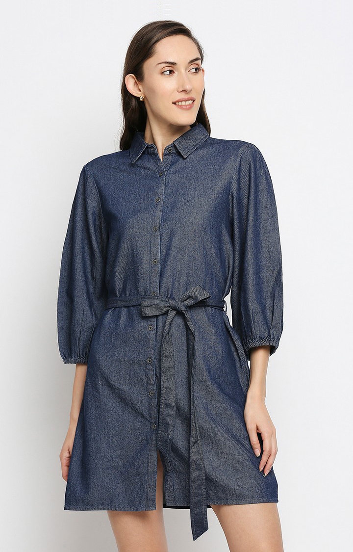Spykar Blue Cotton Regular Fit Dress For Women