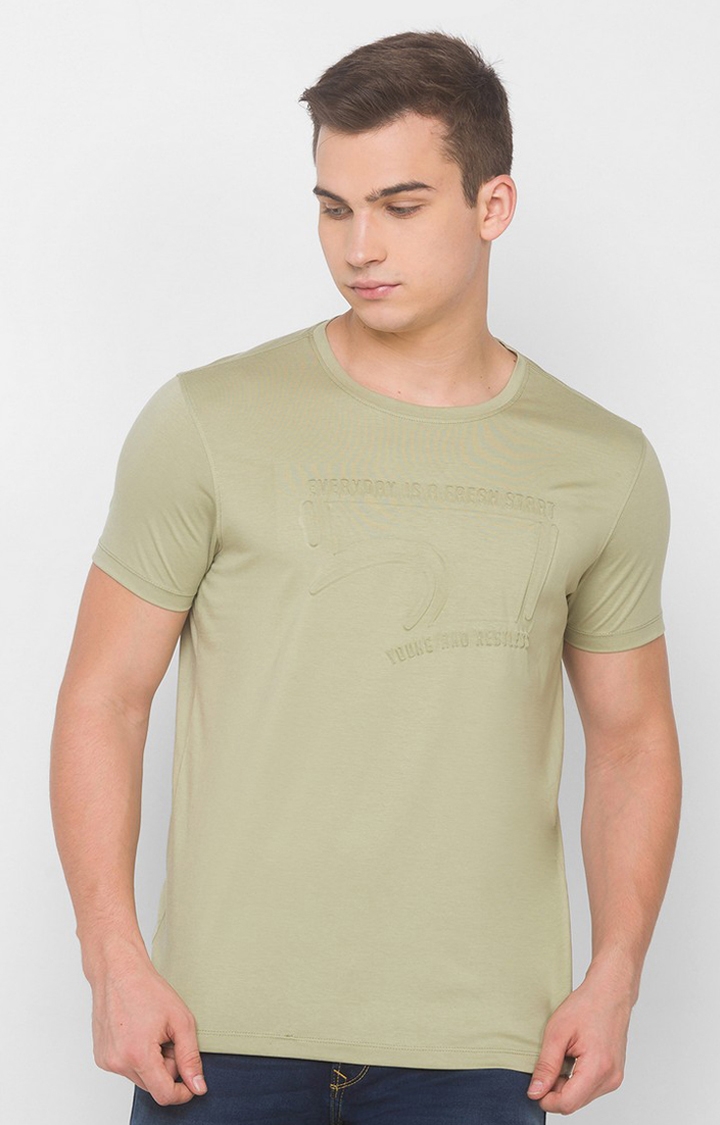 Spykar Green Cotton Slim Fit T-Shirt For Men