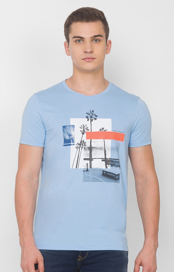 Spykar Blue Blended T-Shirts (Slim)