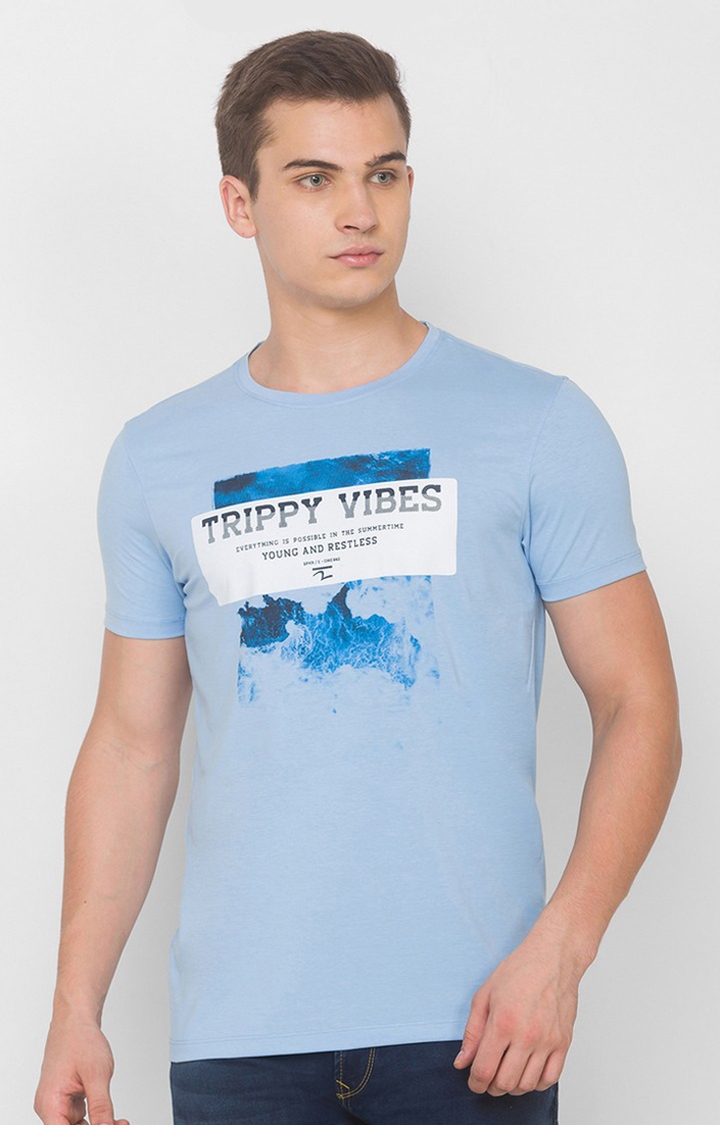Spykar Blue Cotton Slim Fit T-Shirt For Men