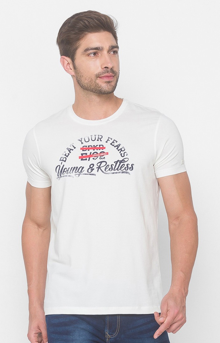 Spykar White Cotton Slim Fit T-Shirt For Men