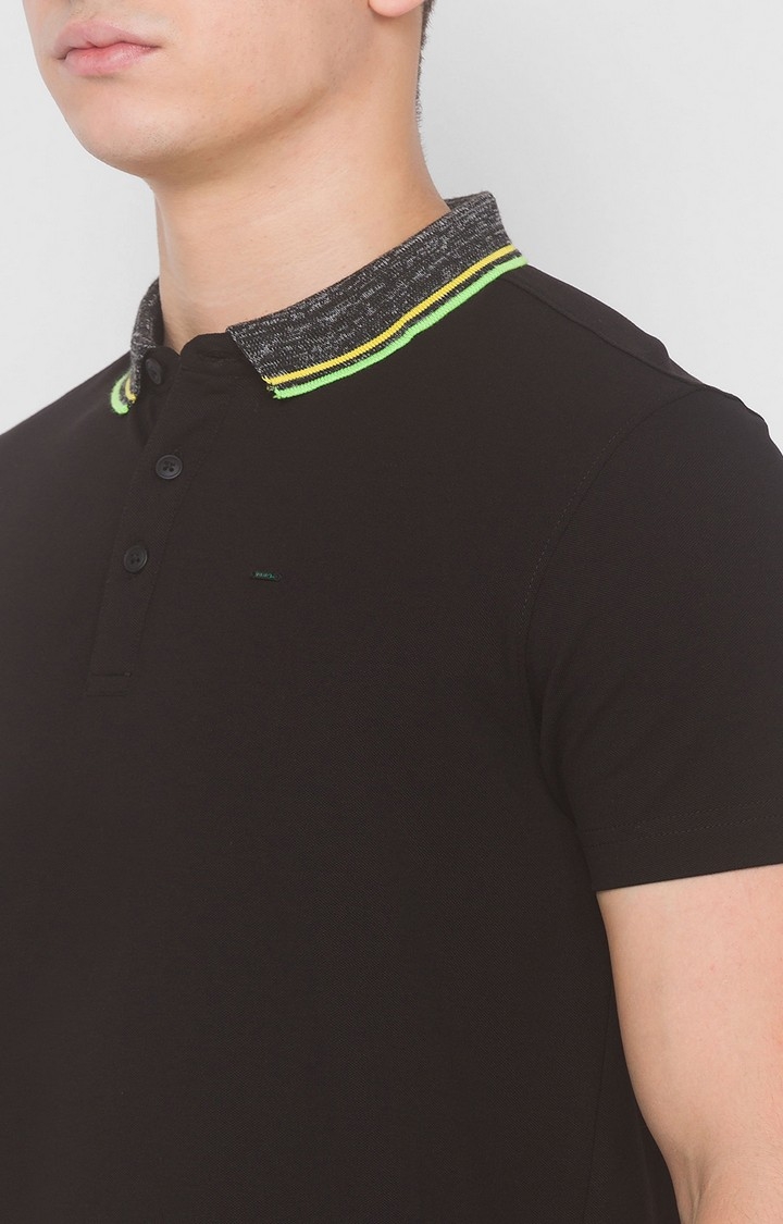 Spykar Black Cotton Slim Fit polos T-Shirt For Men