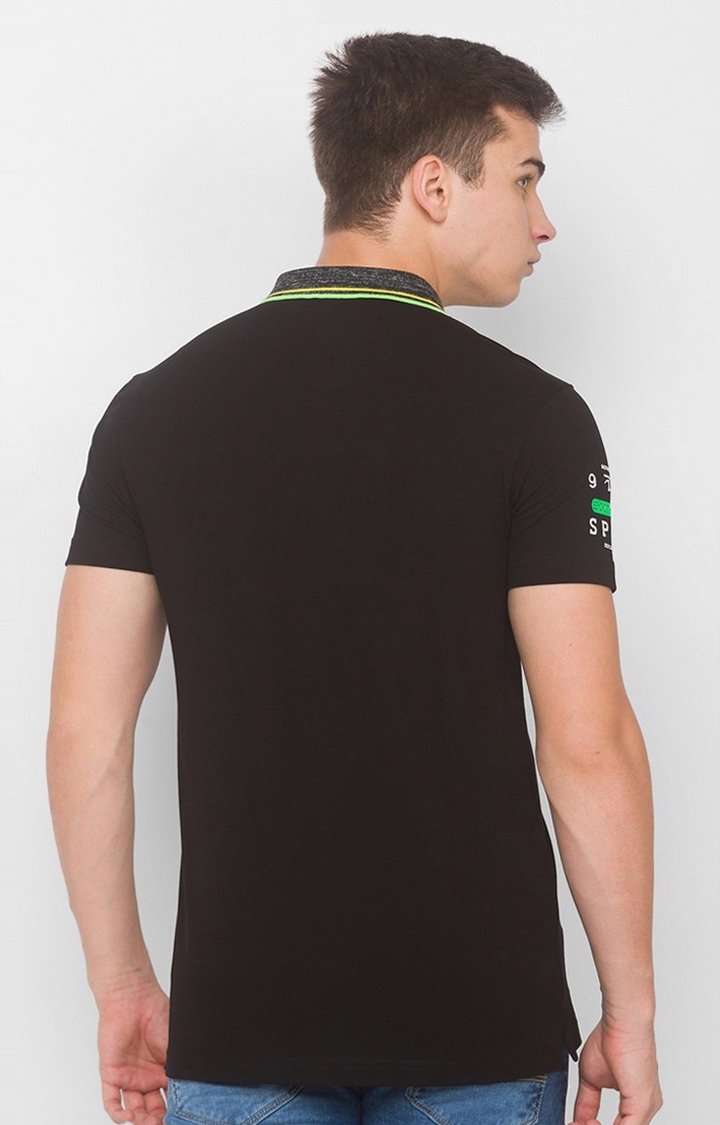 Spykar Black Cotton Slim Fit polos T-Shirt For Men