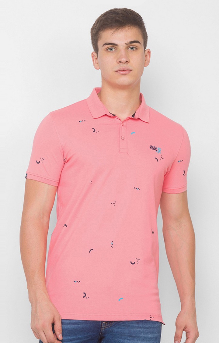 Spykar Pink Cotton Slim Fit Polo T-Shirt For Men
