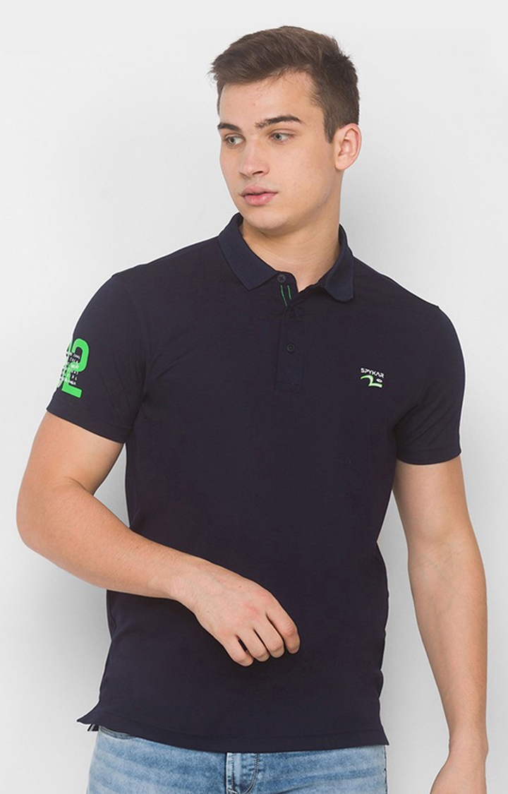 Spykar | Spykar Navy Blue Blended Polo T-Shirts (Slim)