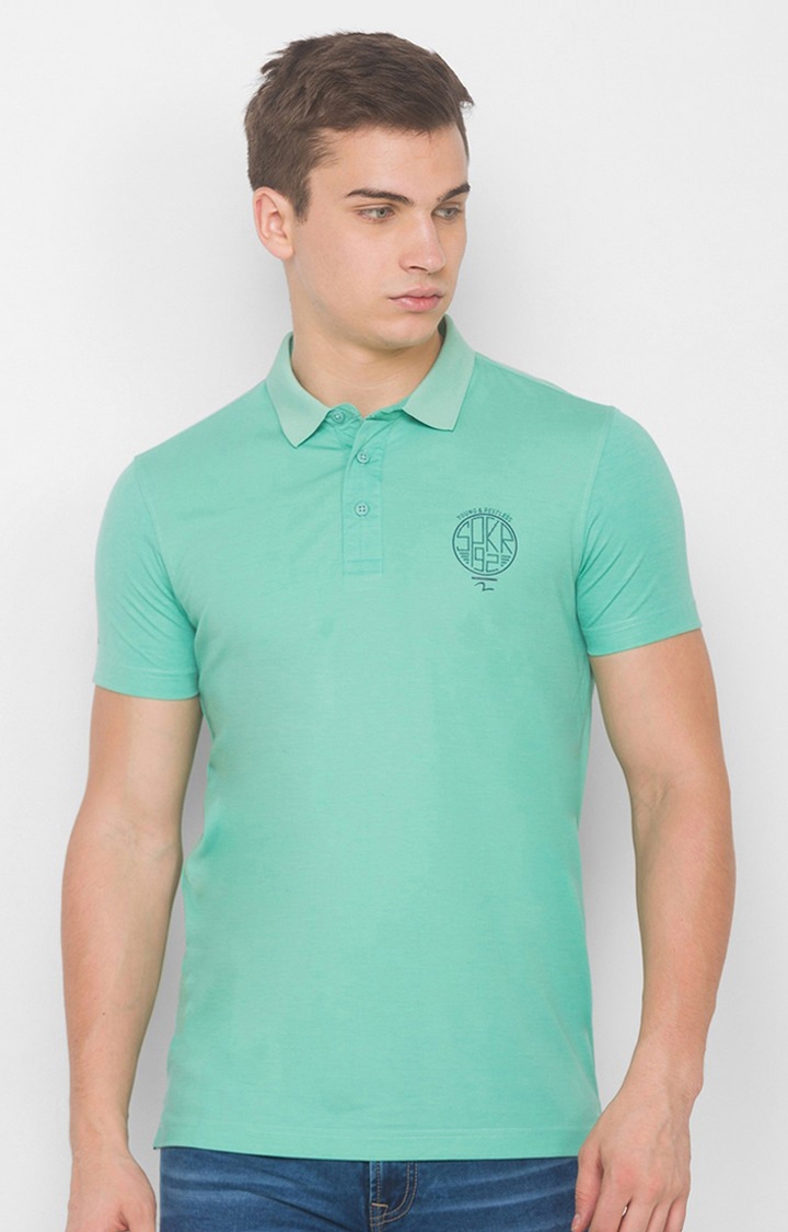 Spykar | Spykar Green Blended Polo T-Shirts (Slim)