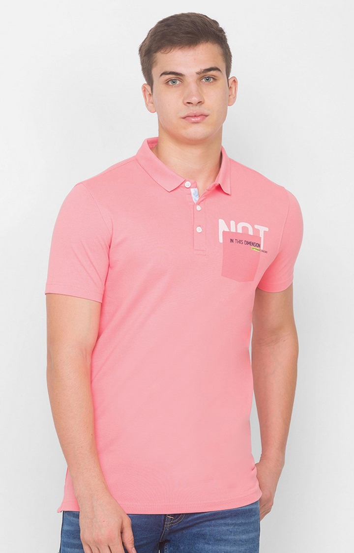 Spykar Peach Pink Blended Polo T-Shirts