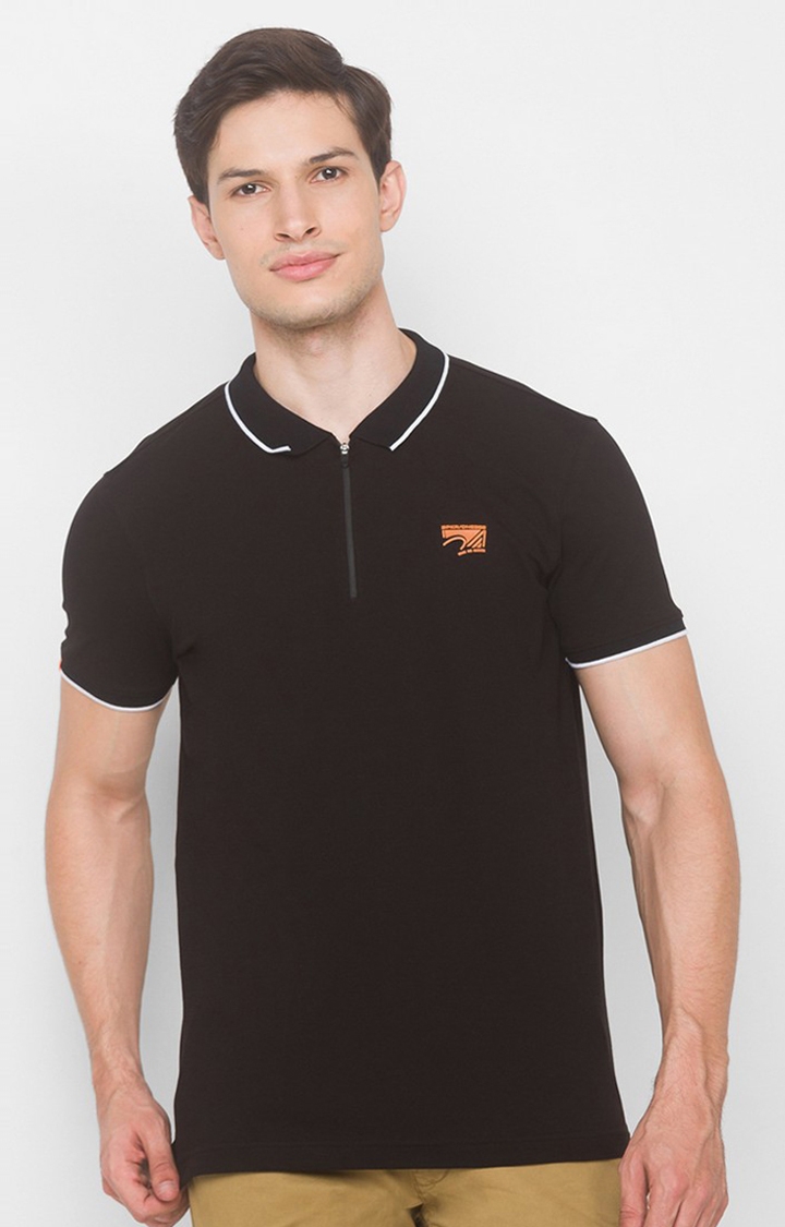 spykar | Spykar Black Cotton Slim Fit Polos T-Shirt For Men