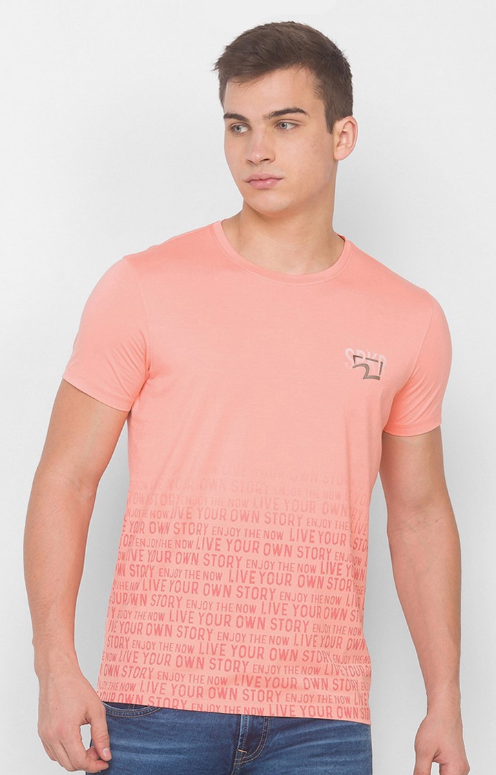 Spykar Peach Blended T-Shirts (Slim)