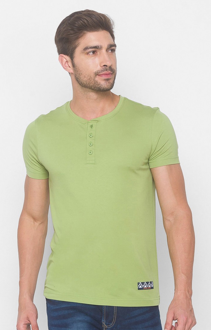 Spykar Dusty Pista Green Blended T-Shirts (Slim)