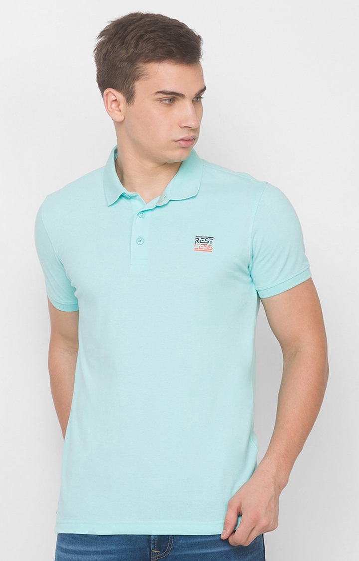 Spykar Bleached Aqua Cotton Polo T-Shirts (Slim)