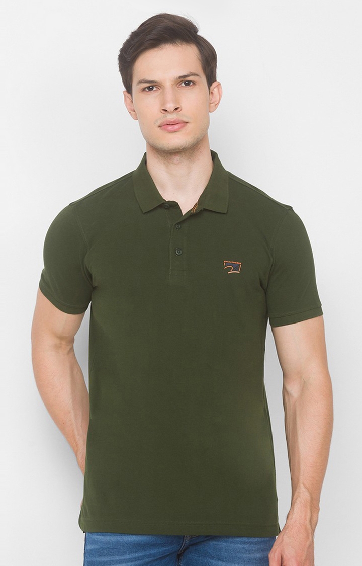 Spykar Green Cotton Slim Fit T-Shirt For Men