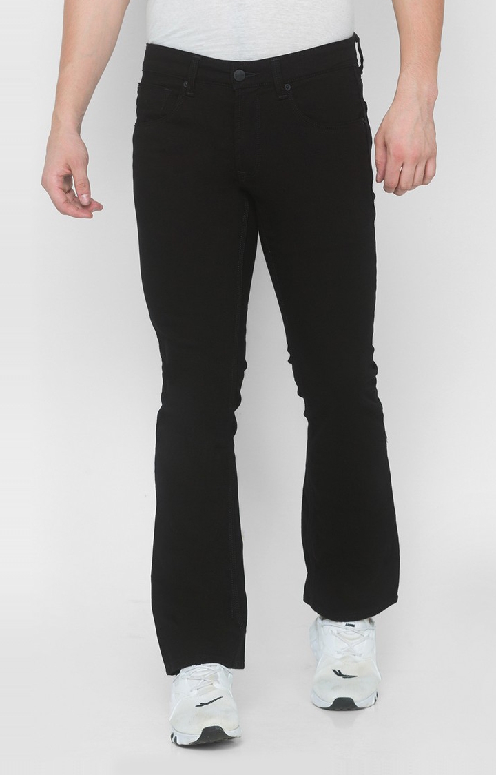 Men's Black Cotton Solid Flared Jeans