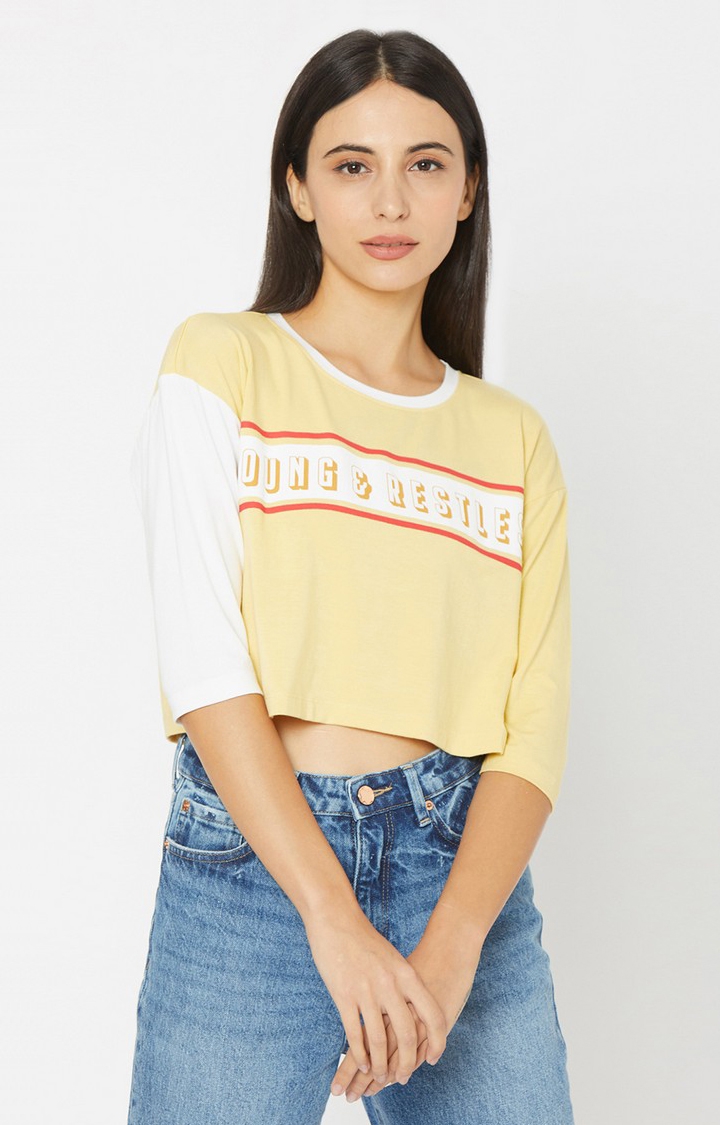 Spykar Yellow Cotton T-Shirts (Crop)