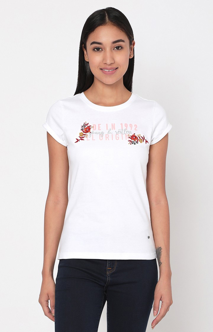 Spykar White Cotton Slim Fit T-Shirt For Women