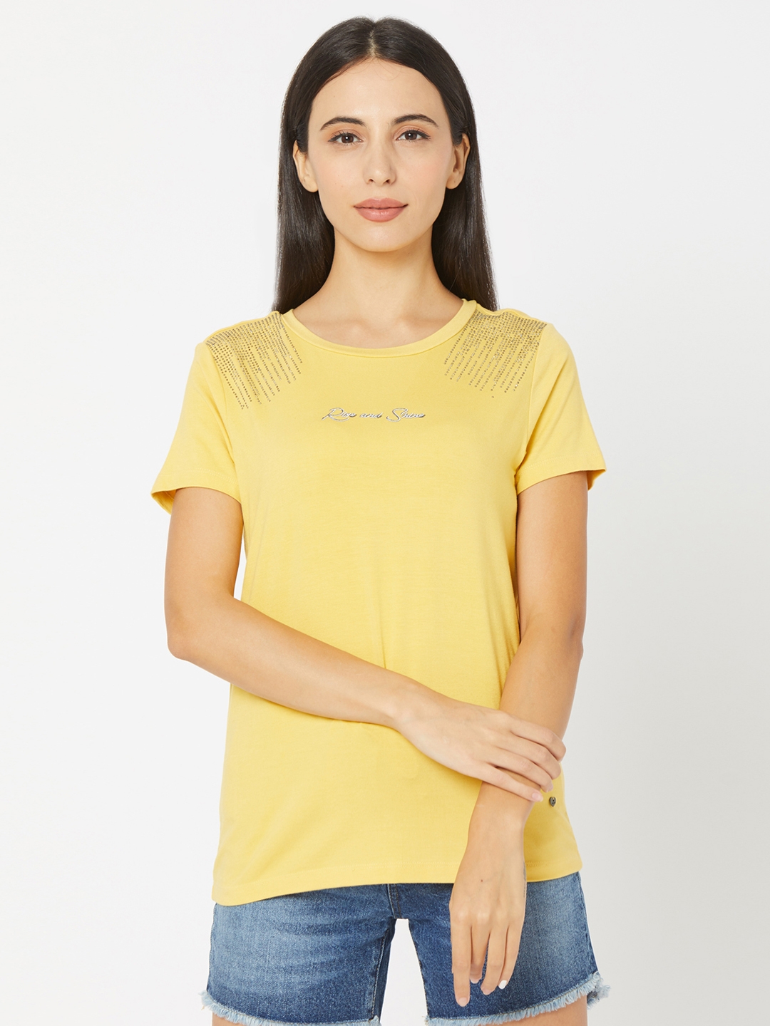 Spykar | Spykar Yellow Cotton Regular Fit T-shirt For Women