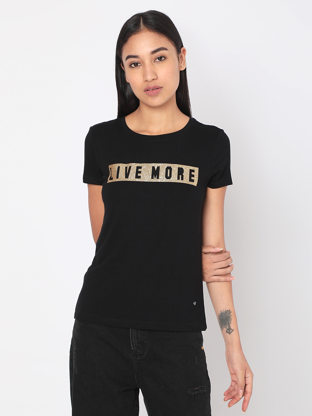 Spykar | Spykar Black Cotton Regular Fit T-shirt For Women