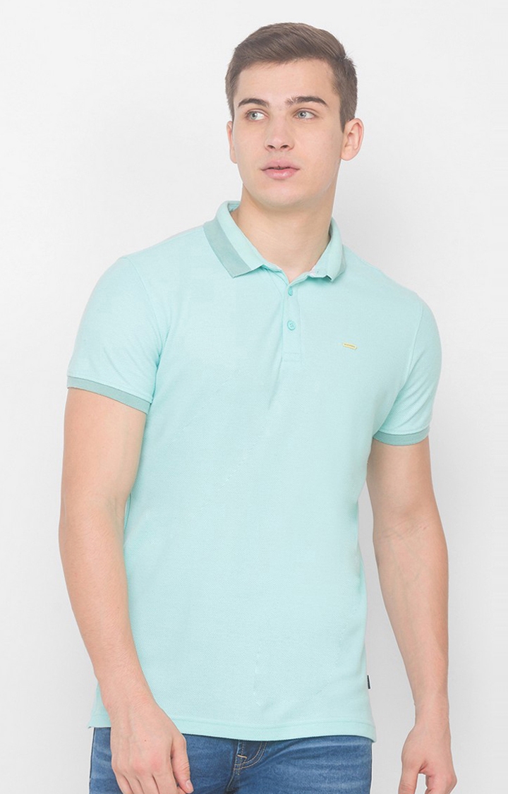 Spykar Bleached Aqua Blended Polo T-Shirts (Slim)