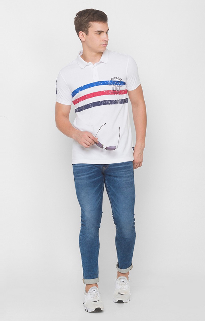 Spykar White Cotton Slim Fit Polo T-Shirt For Men