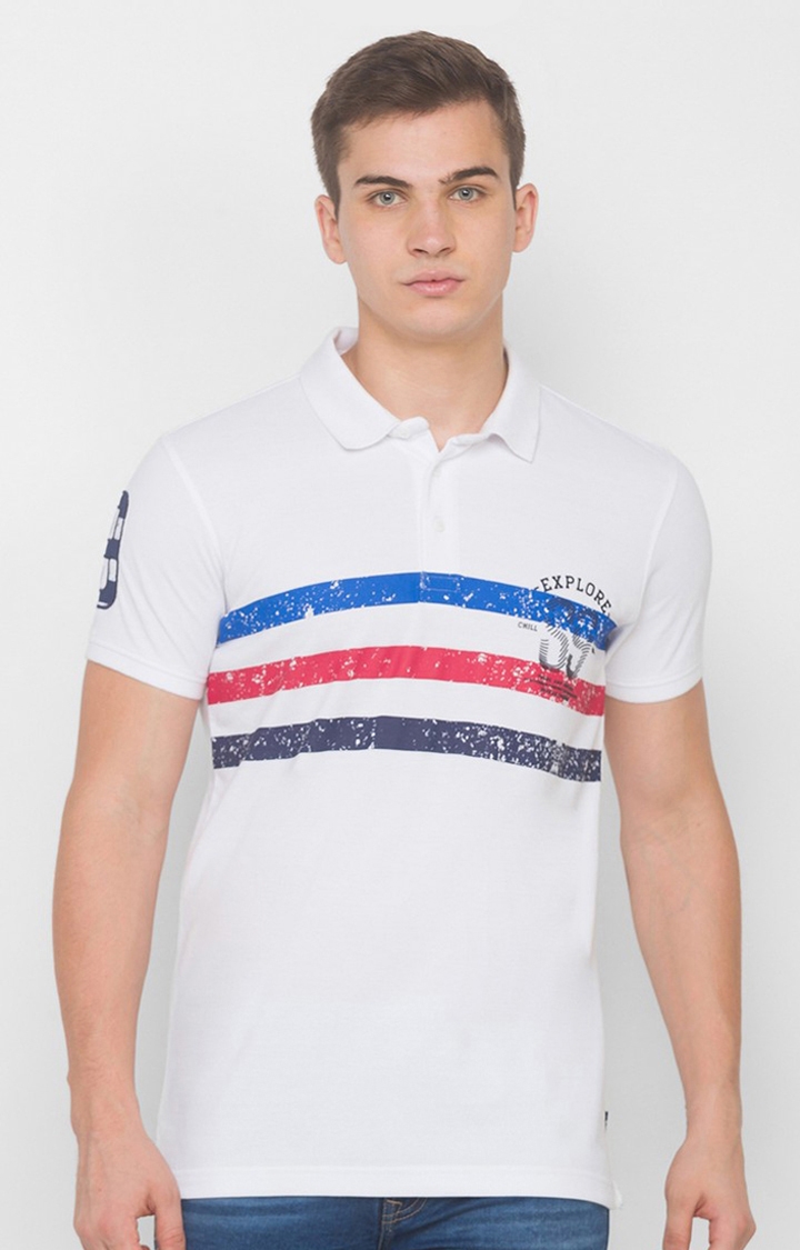 Spykar White Cotton Slim Fit Polo T-Shirt For Men