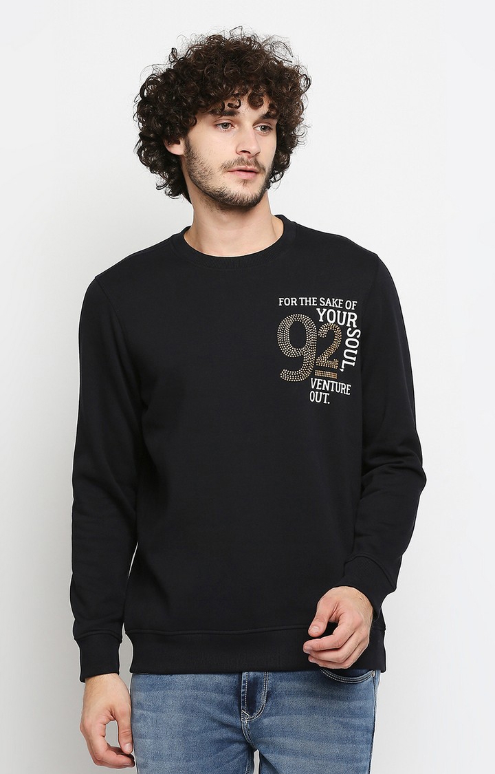 Spykar Black Cotton Regular Fit Sweatshirt For Men