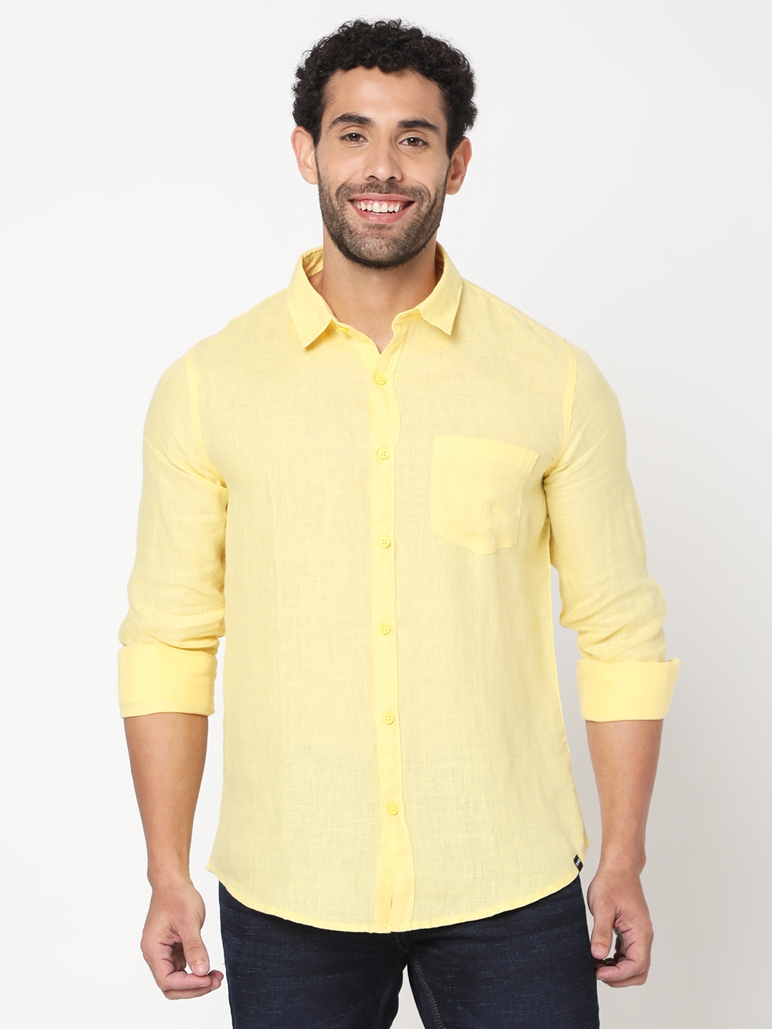 Men's Yellow Cotton Blend Solid Casual Shirts