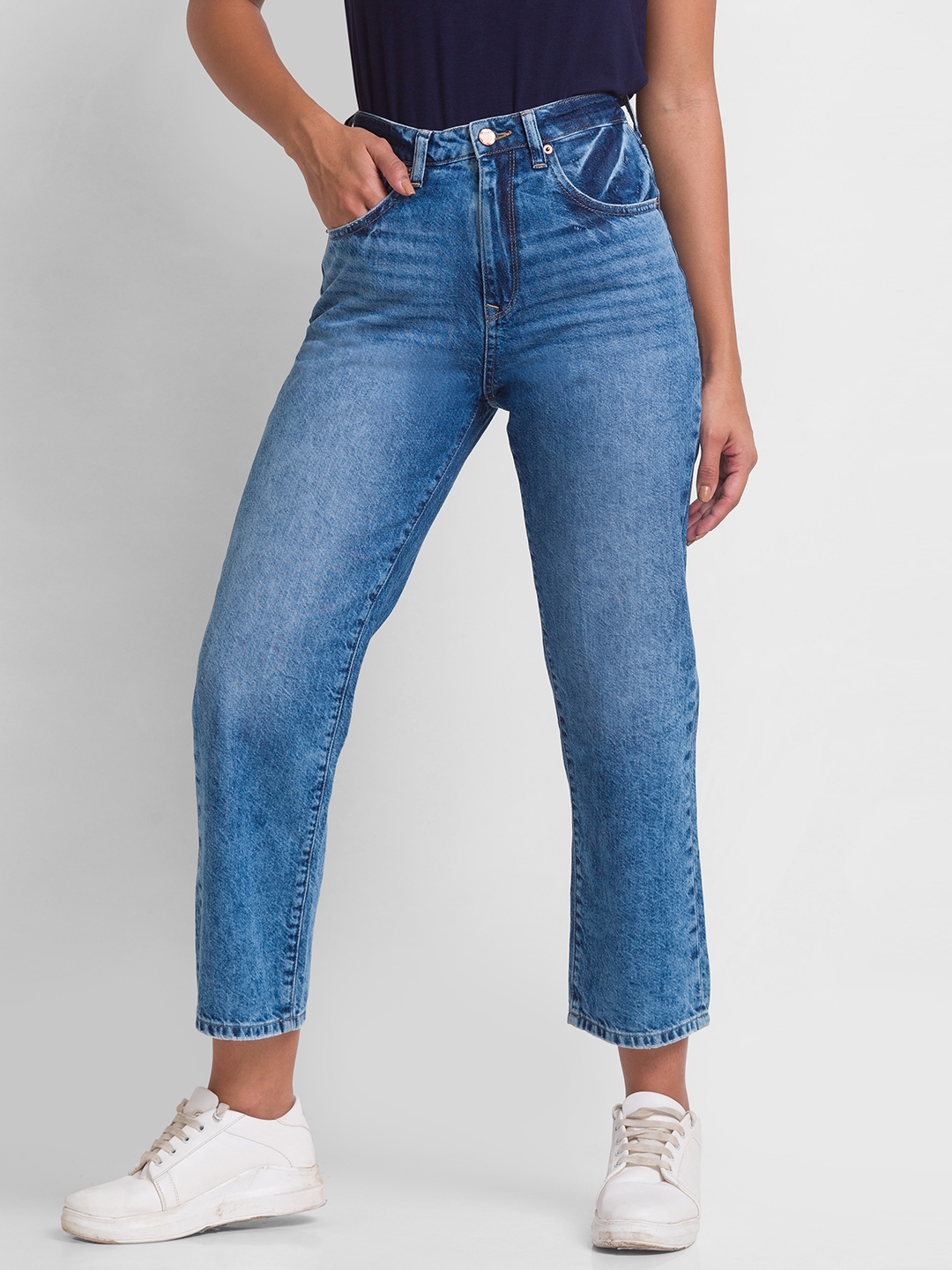 Spykar | Spykar Mid Blue Cotton Straight Fit Regular Length Jeans For Women (Bella)