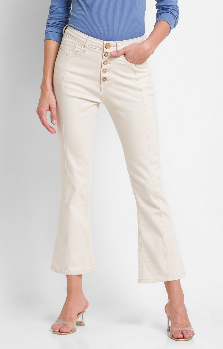 Women's Beige Cotton Solid Flared Jeans