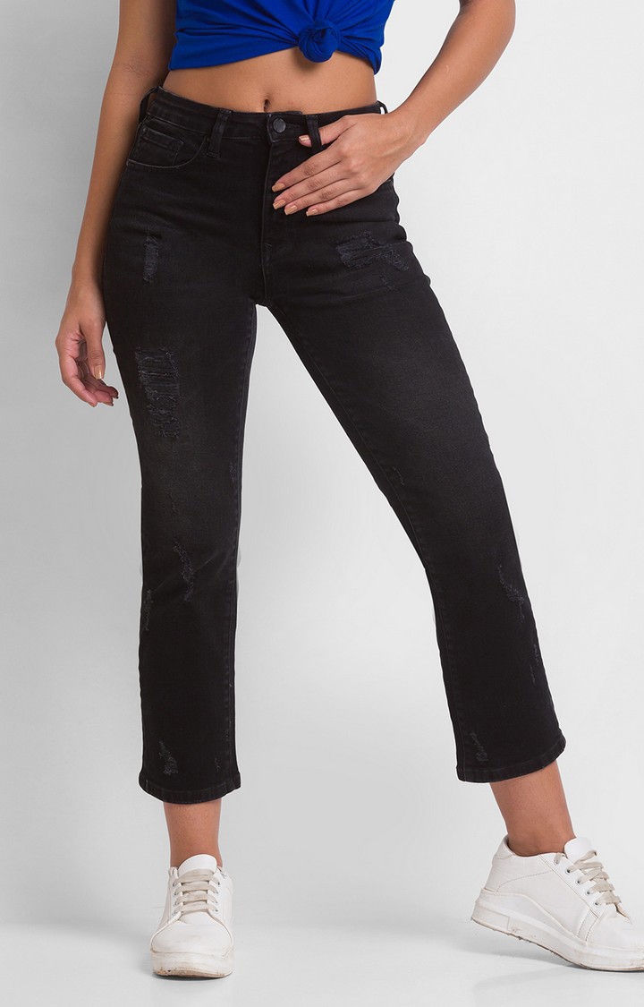 Women's Black Cotton Solid Slim Jeans