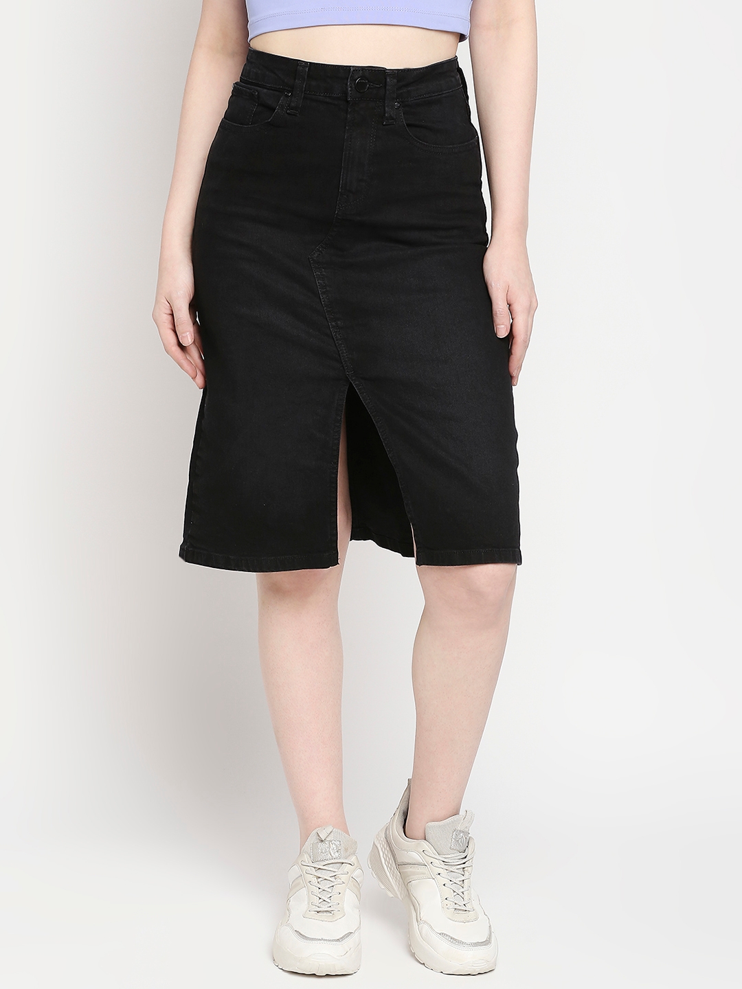 Spykar | Spykar Black Cotton Straight Fit Regular Length Skirt For Women (Bella)