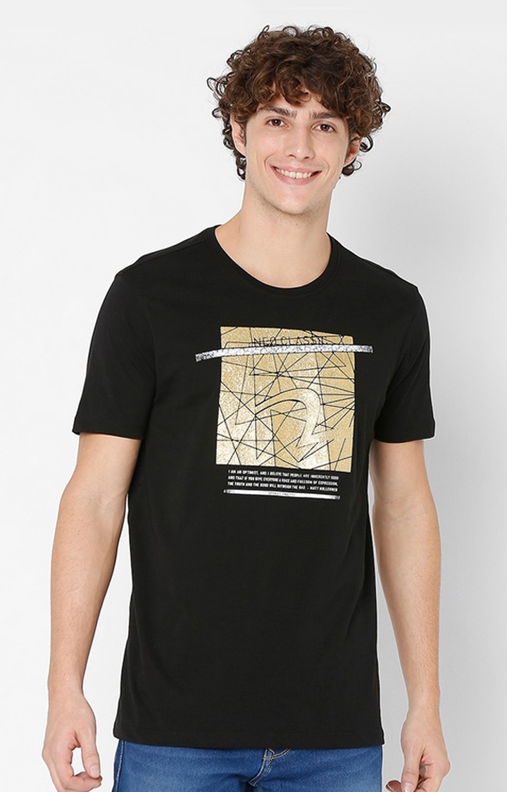Spykar Black Printed Round Neck T-Shirts For Men