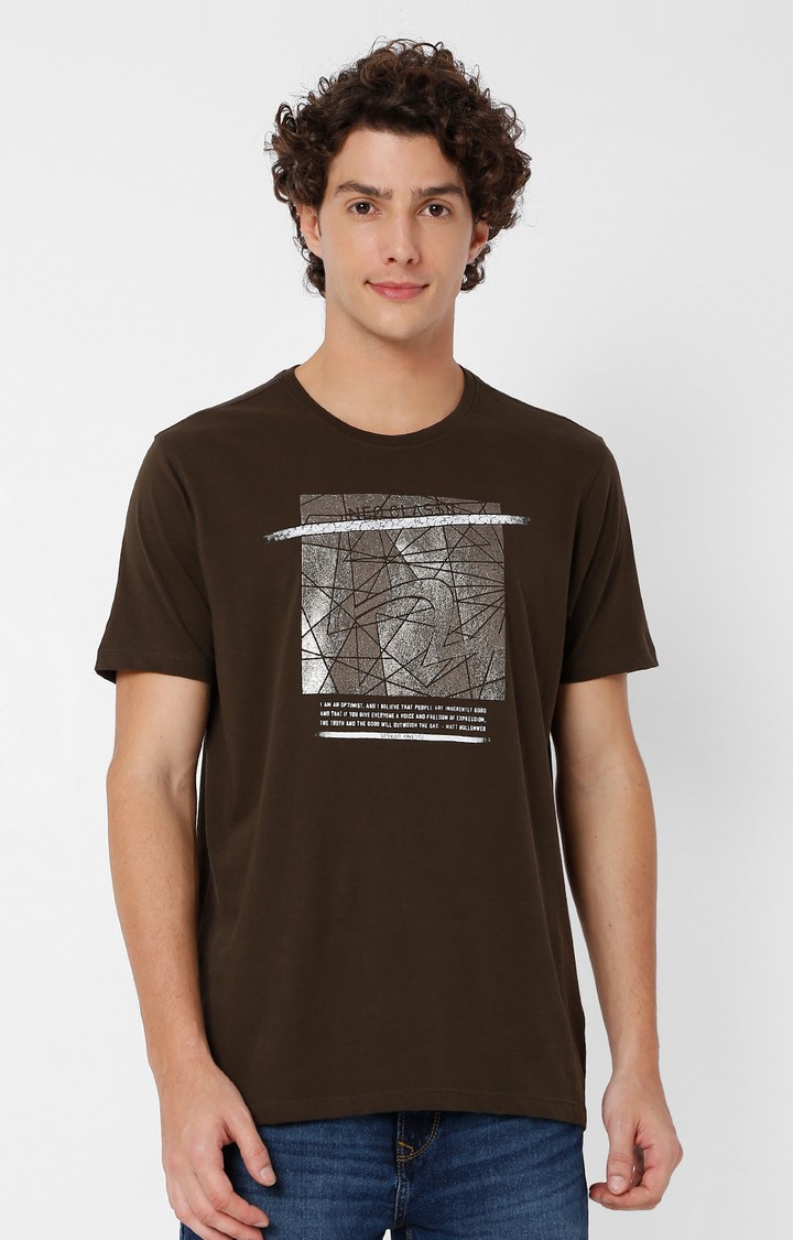 Spykar | Spykar Men Brown Cotton Printed Round Neck T-Shirt