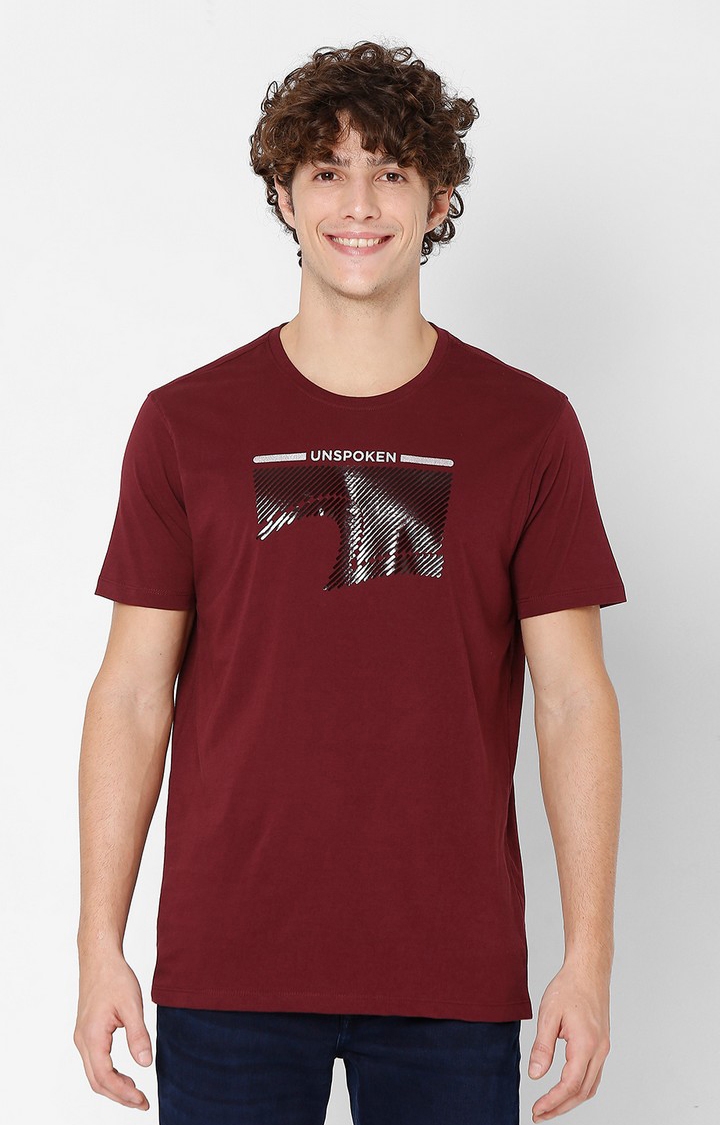 Spykar Maroon Printed Round Neck T-Shirts For Men