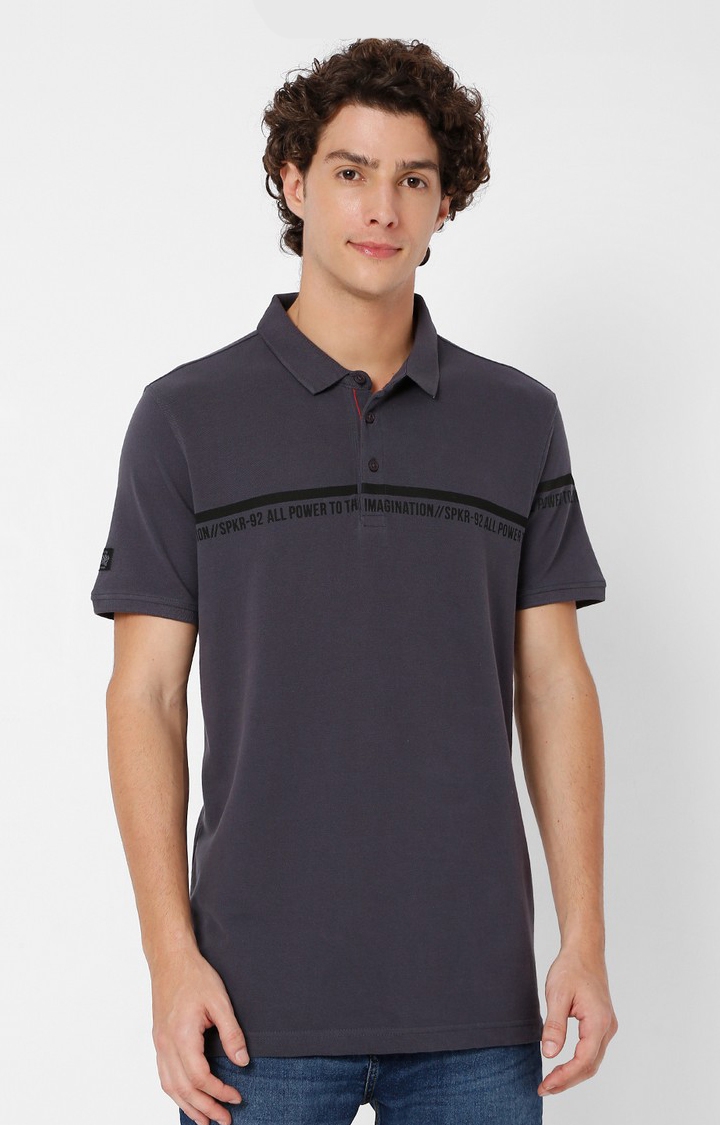 Spykar Men Grey Cotton Polo T-Shirt
