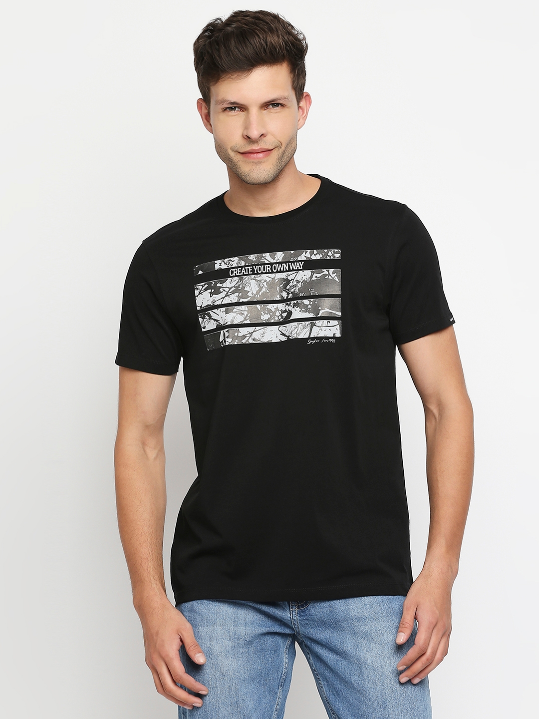 Spykar | Spykar Men Black Cotton Slim Fit Round Neck T-shirt