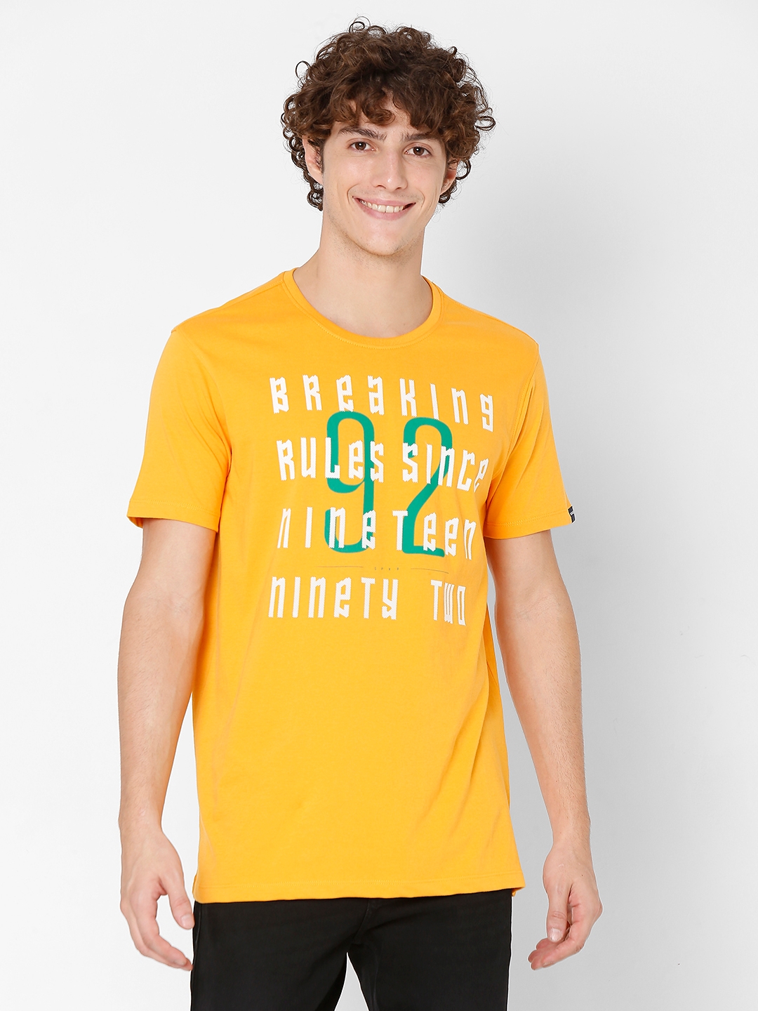 Spykar | Spykar Yellow Printed Round Neck T-Shirts For Men