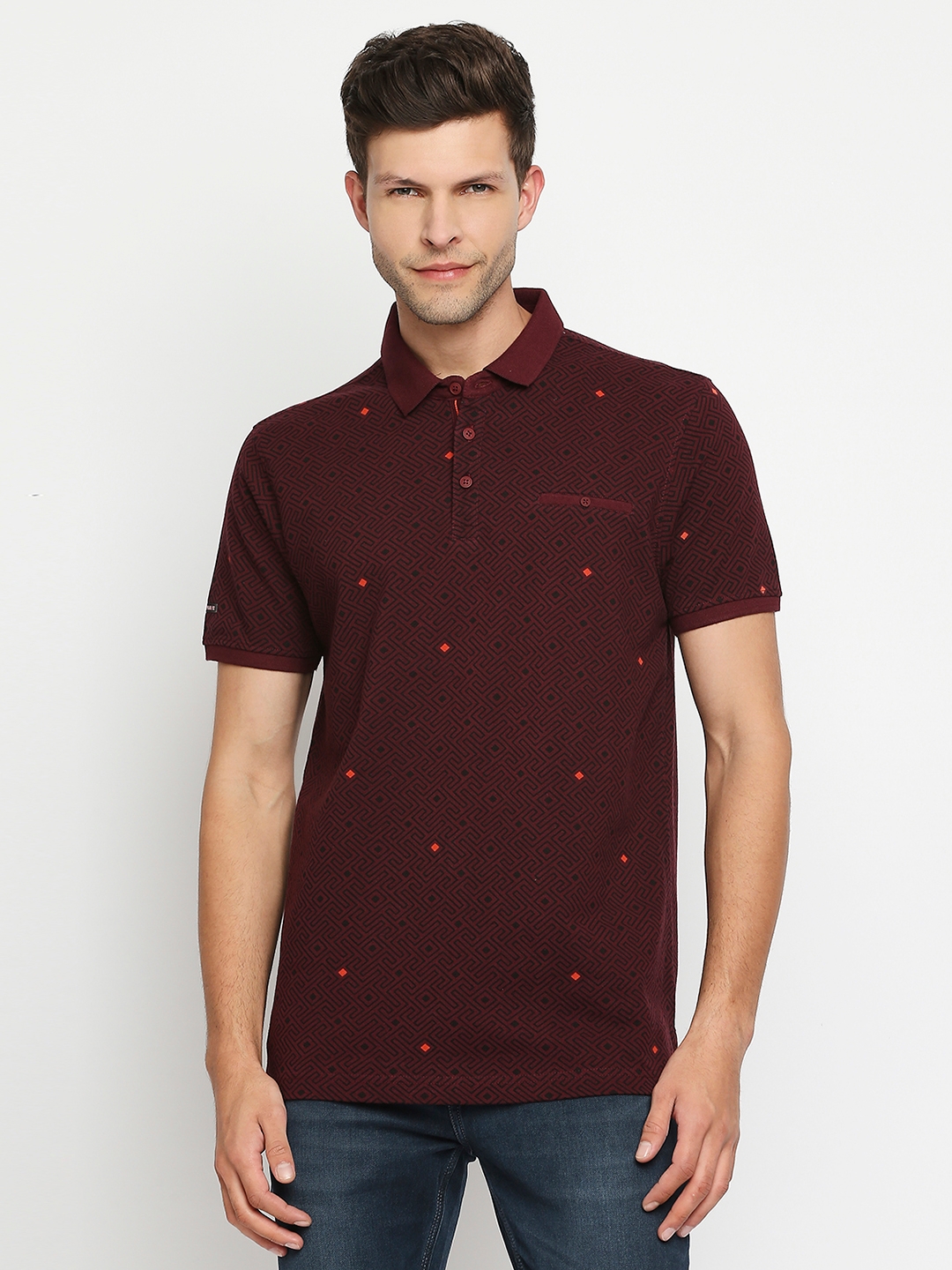 Spykar | Spykar Men Red Cotton Slim Fit Round Neck T-shirt