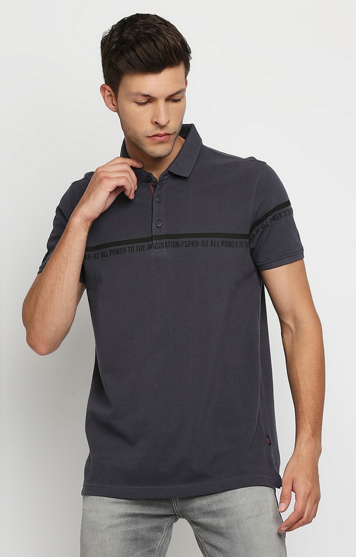 Spykar Grey Cotton Printed Half Sleeve Polo T-Shirt