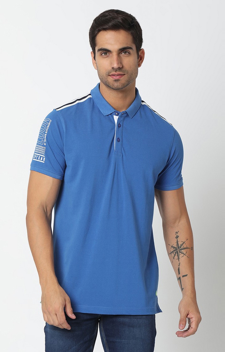 Spykar Men Blue Cotton Plain Polo T-shirt