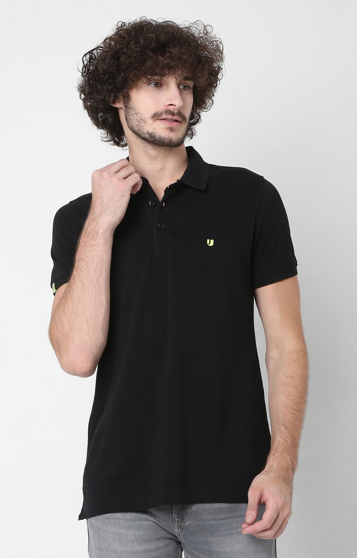 spykar | Spykar Black Cotton Slim Fit Polo T-Shirt For Men