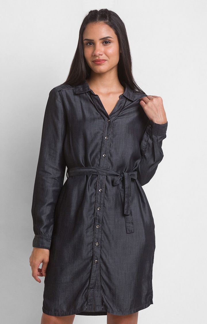 Spykar | Spykar Black Cotton Regular Fit Denim Dress For Women