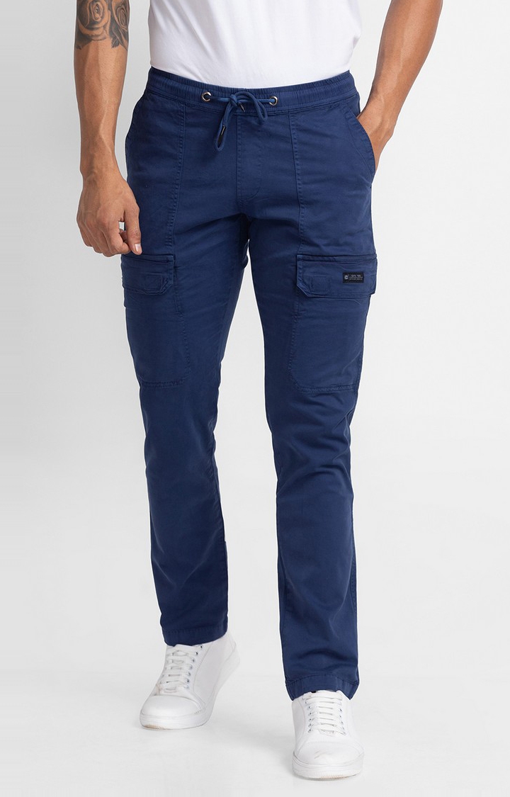 Spykar | Spykar Navy Blue Cotton Slim Fit Regular Length Trousers For Men