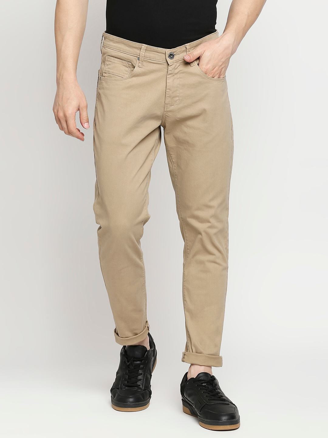Spykar | Spykar Camel Khaki Cotton Slim Fit Tapered Length Trousers For Men