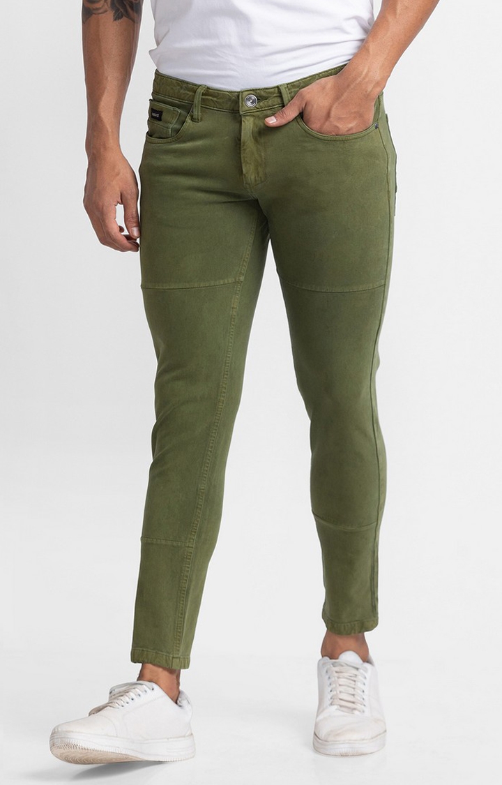 Spykar | Spykar Olive Green Cotton Slim Fit Tapered Length Trousers For Men